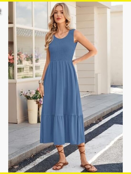 Sleeveless Maxi Dress Smocked Empire Waist Tiered Summer Sundress with Pockets - Picture 4 of 6